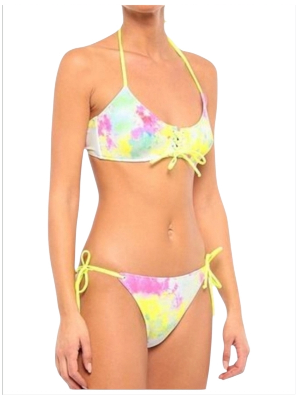 NWT Sundek Visalia Tie-Dye Bikini Set Sz 4 Multi Pastel Lace-Up 2PC Swimsuit